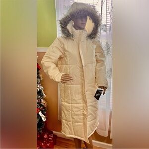 New Totes Weather Stoppers Cream Long Puffer Coat Jacket Fur Trim Waterproof
